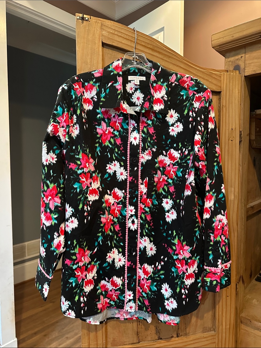 crown & ivy Black Floral Blouse with Pink, White & Teal Accents